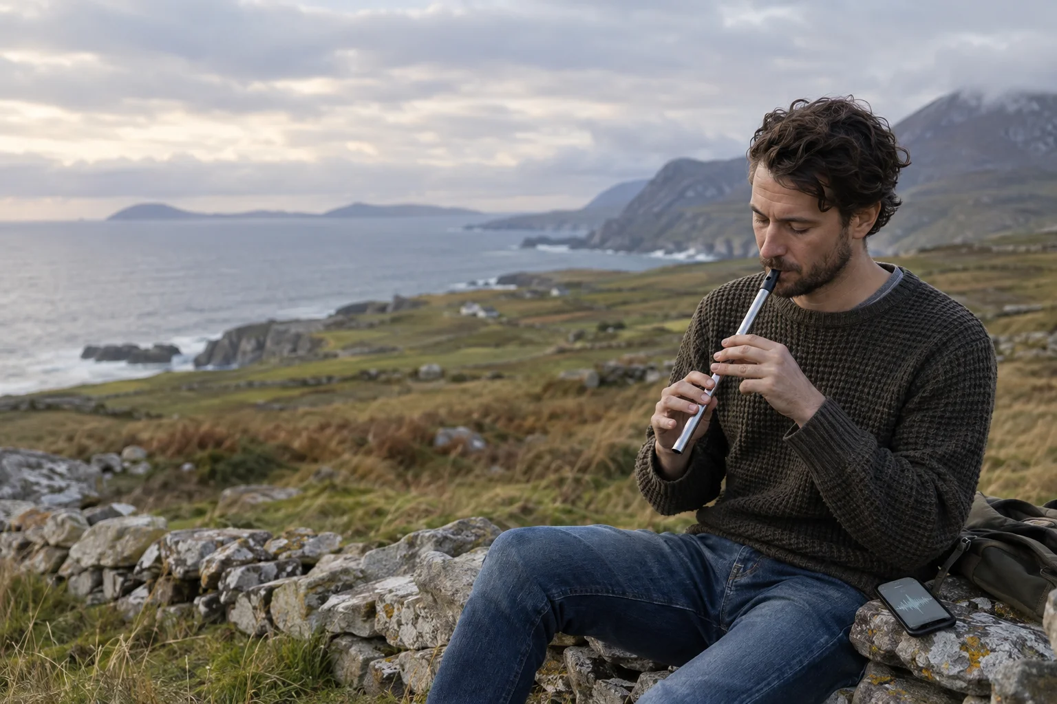 Illustration of a whistle player practising outdoors with a phone beside him